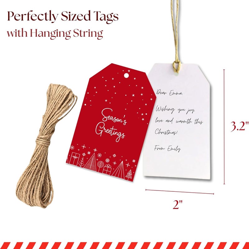 Paper Play Christmas Gift Tags with String - 80 Red & Green Holiday Tags, 8 Minimal Line-Art Designs - 350gsm Christmas Name Tags for Gifts & Presents - Image 4